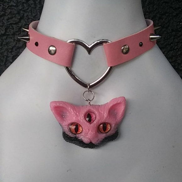 Corpse Candy Designs Jewelry - Pink Black Evil Eye Kitty Cat Spiked Choker